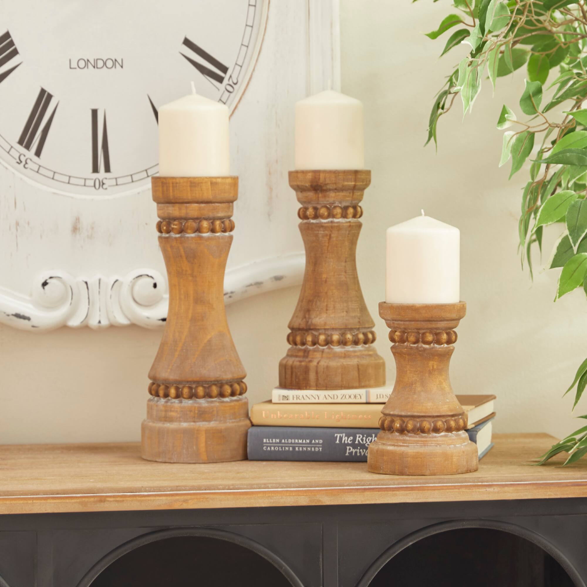 Brown Wood Natural Candle Holder Set
